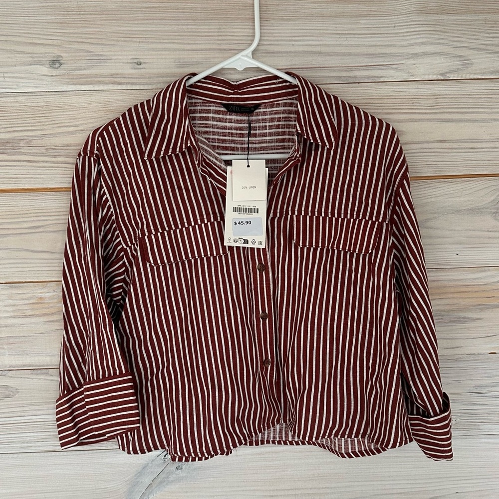 NWT ZARA Brown / Red & White Striped Linen Blend Button Front Blouse Size S